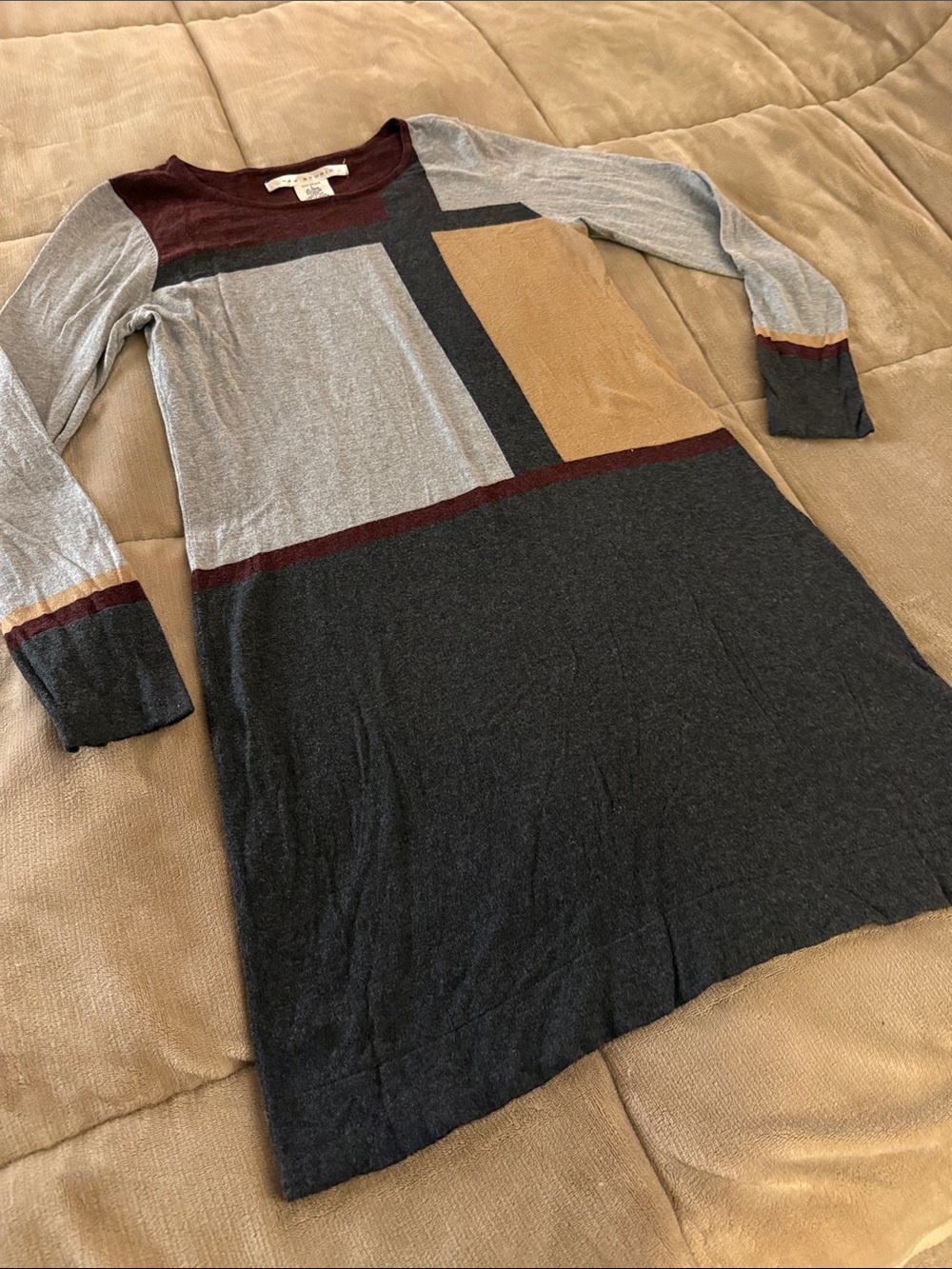 Max Studio Colorblock Long Sleeve Knit Dress in Gray, Black, Tan & Burgundy